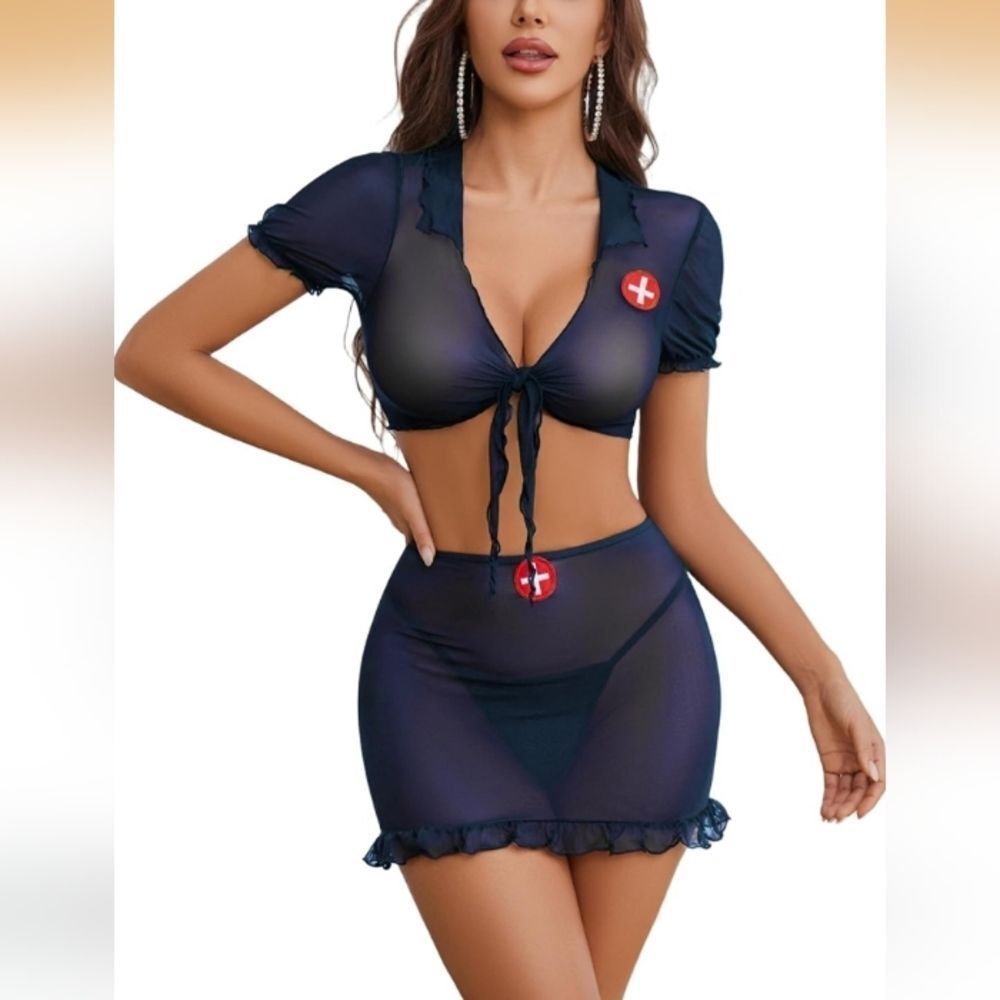 🔥 Valentine’s Night Nurse Fantasy Dangerously Sheer 3-Piece Mesh Tie Top, Mini